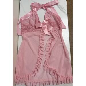 Womens Pink Sheer Lace Babydoll Lingerie Dress Halter Tie Ruffle Hem Size M